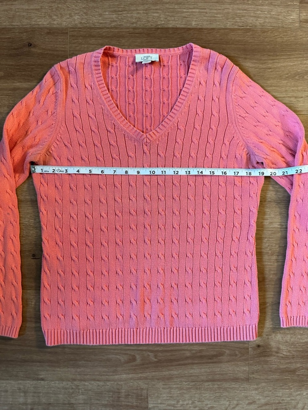 LOFT Coral-Pink Cable Knit V-Neck Sweater - Picture 2 of 5